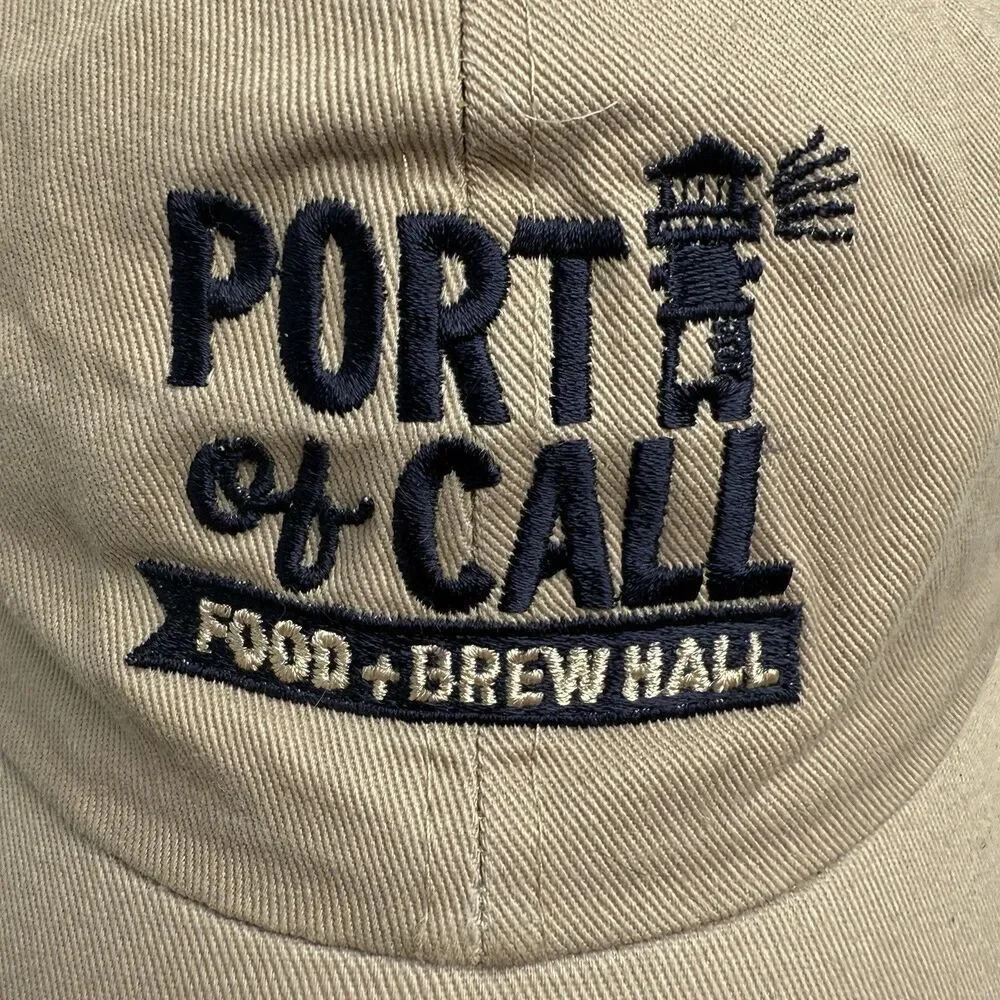 Port of Call Food & Brew Hall Dad Hat Tan Adjustable Strap Back Unstructured